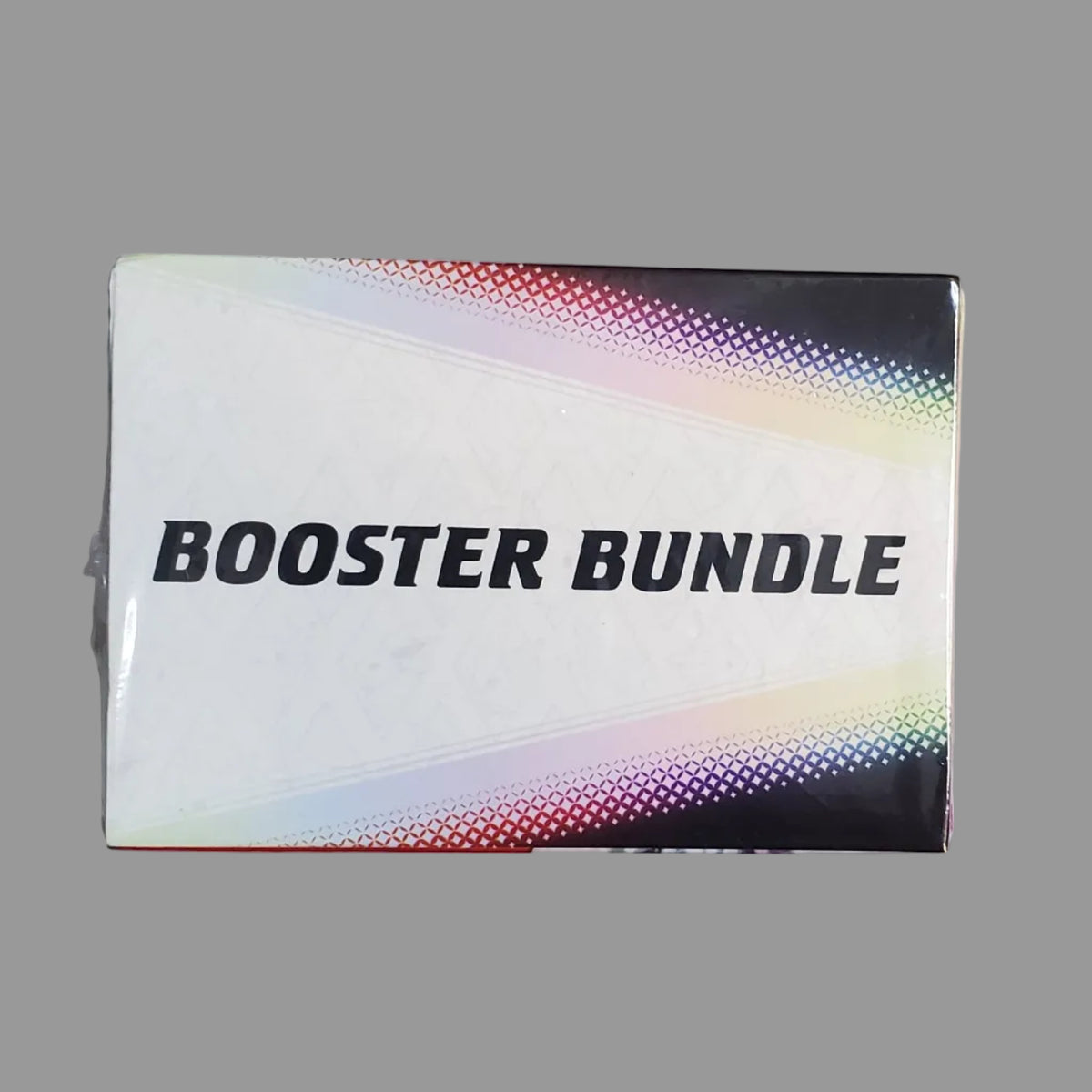 A small rectangular box labeled 'BOOSTER BUNDLE' in black text, photographed on a light gray surface. The box is mostly white with a black band and iridescent rainbow-like stripes near the top and bottom.