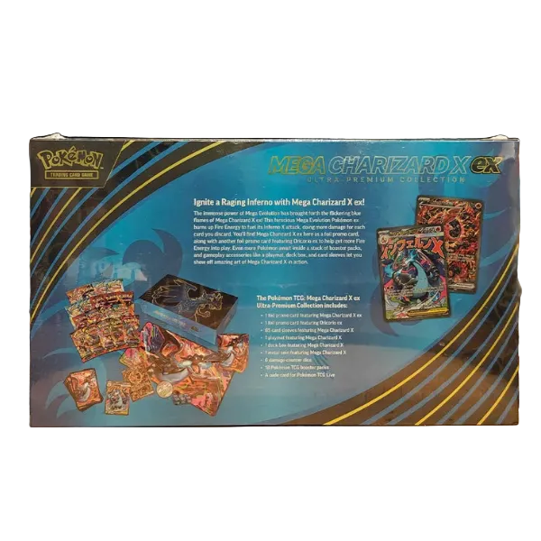Pokémon Mega CharizardCollector's Box packaging, showing the back of the box with product details, text, and card illustrations, displayed on a blank background