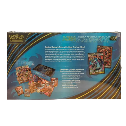 Pokémon Mega CharizardCollector's Box packaging, showing the back of the box with product details, text, and card illustrations, displayed on a blank background