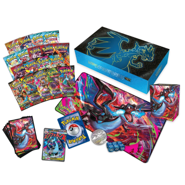 A Pokémon TCG starter-style display set on a white background, including a large blue Charizard-themed box, multiple booster packs, a large playmat, a coin, dice, and cards.