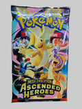 A sealed Pokémon TCG booster pack for 'Mega Evolution Ascended Heroes' featuring colorful artwork of various Pokémon characters on the front, photographed against a dark textured background.