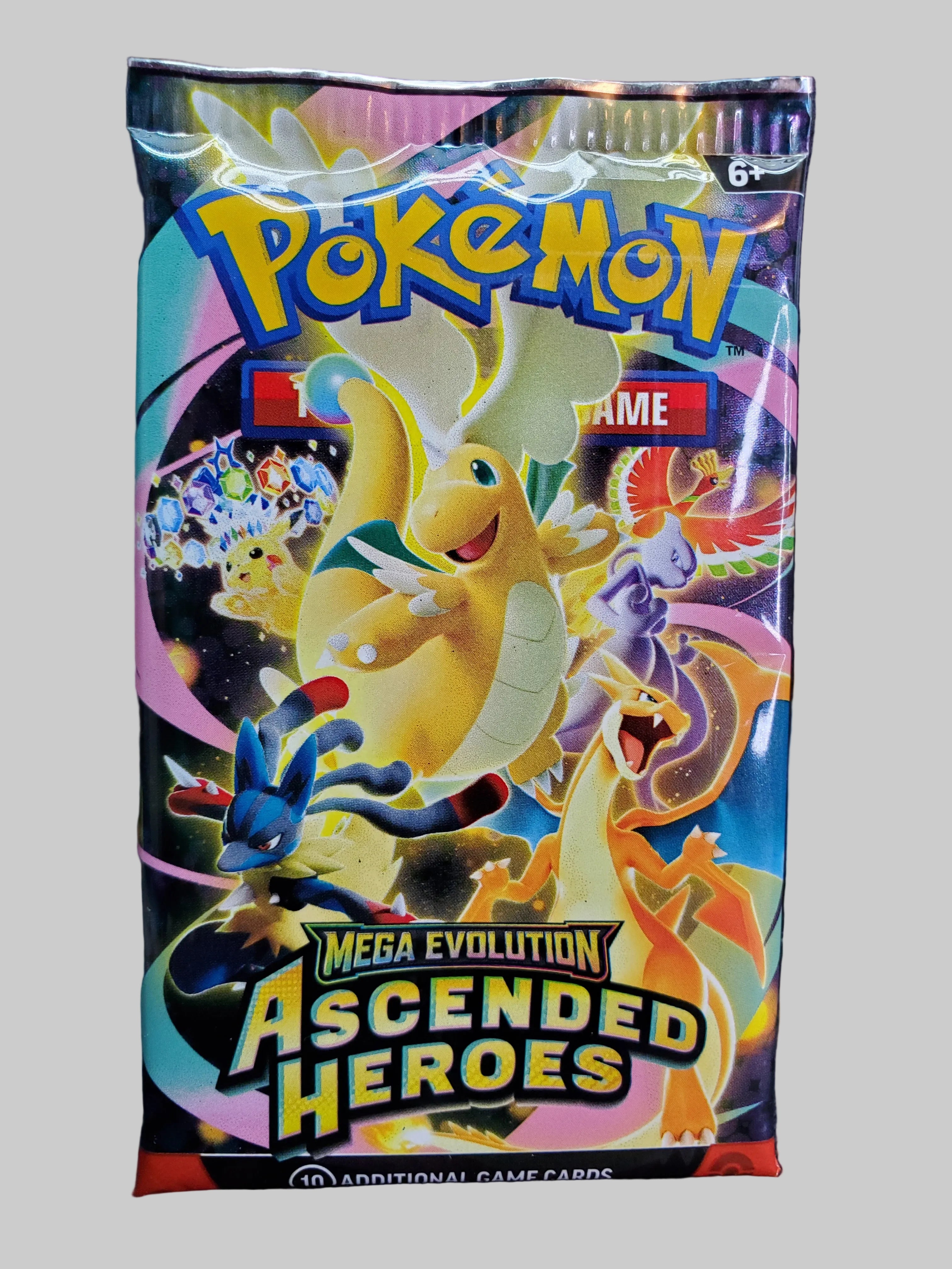 A sealed Pokémon TCG booster pack for 'Mega Evolution Ascended Heroes' featuring colorful artwork of various Pokémon characters on the front, photographed against a dark textured background.