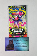Pokémon TCG Booster Pack on a light gray surfuce. Under the pack is a card with a Unicorn Logo and text stating Every Order is Magic. Pack is colorful and in English.
