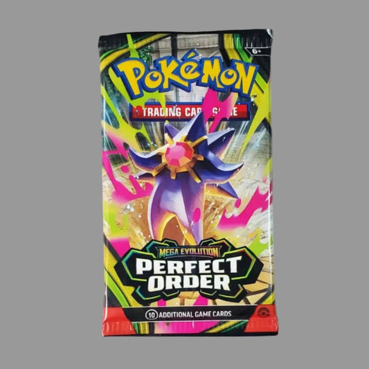 Pokémon TCG Booster Pack on a light gray surfuce. Under the pack is a card with a Unicorn Logo and text stating Every Order is Magic. Pack is colorful and in English.