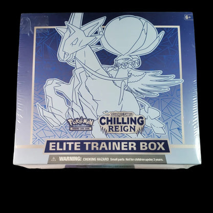 Pokémon Chilling Reign Elite Trainer Box in its shrink wrap, displayed on a desk 