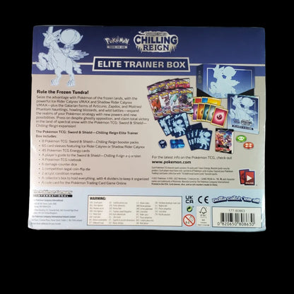 The back of a Pokémon Trading Card Game box for the Chilling Reign Elite Trainer Box, 
