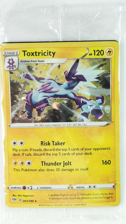 A single Pokémon trading card for Toxtricity, sealed inside a clear plastic protective bag, photographed against a plain white background.
