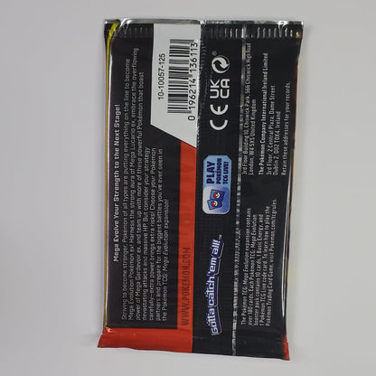A used black and orange replacement camera battery pack with a barcode and technical specifications printed on the back, photographed against a plain white background.