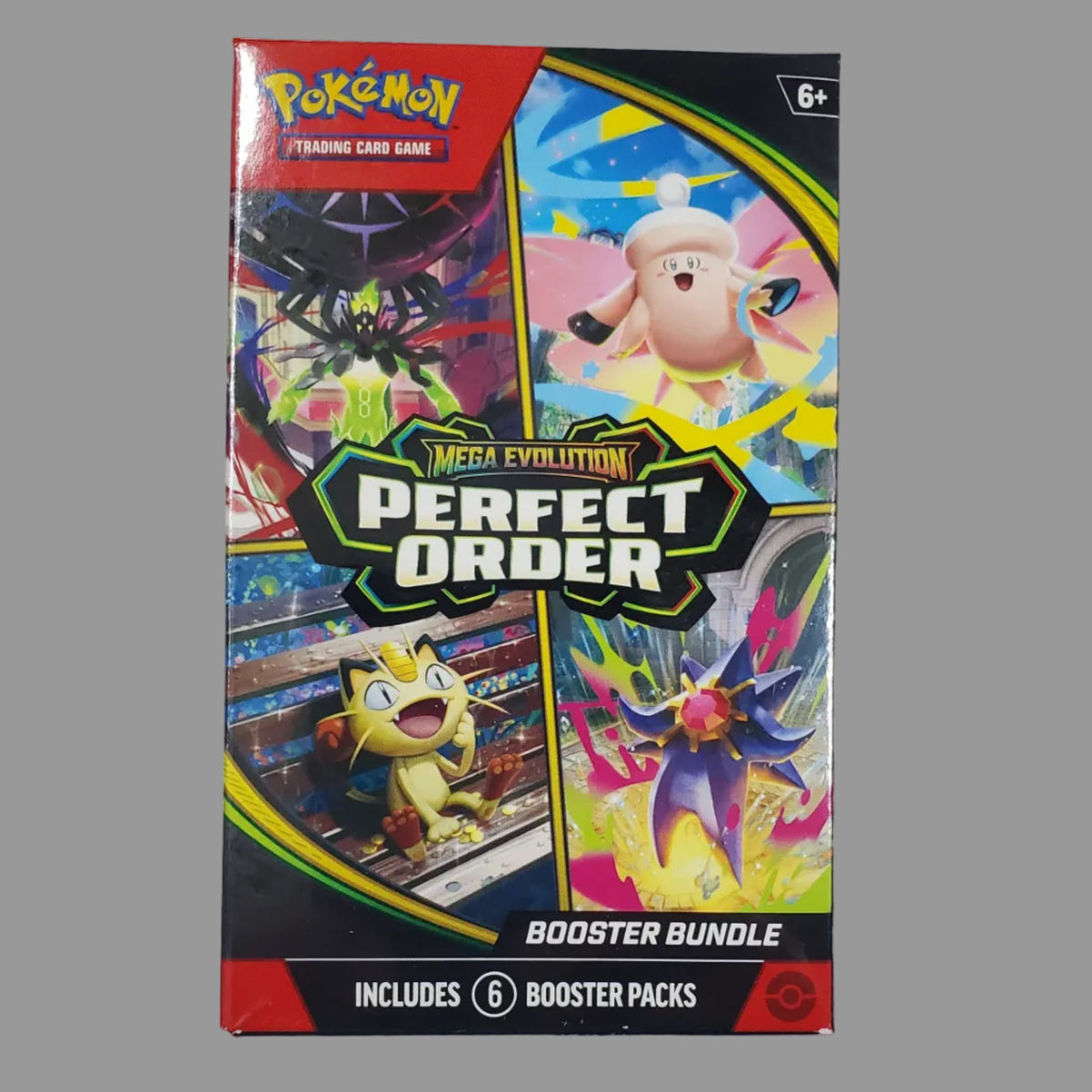 Pokémon TCG Perfect Order Booster Bundle box, featuring colorful character artwork of Piplup and Cilan, on a plain white surface.