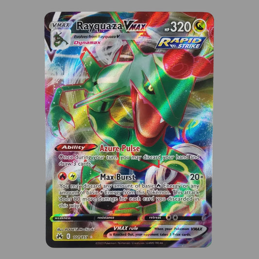 A holographic Pokémon trading card featuring Rayquaza Vvx, a Fire/Dragon dual-type monster, displayed on a neutral light gray background.