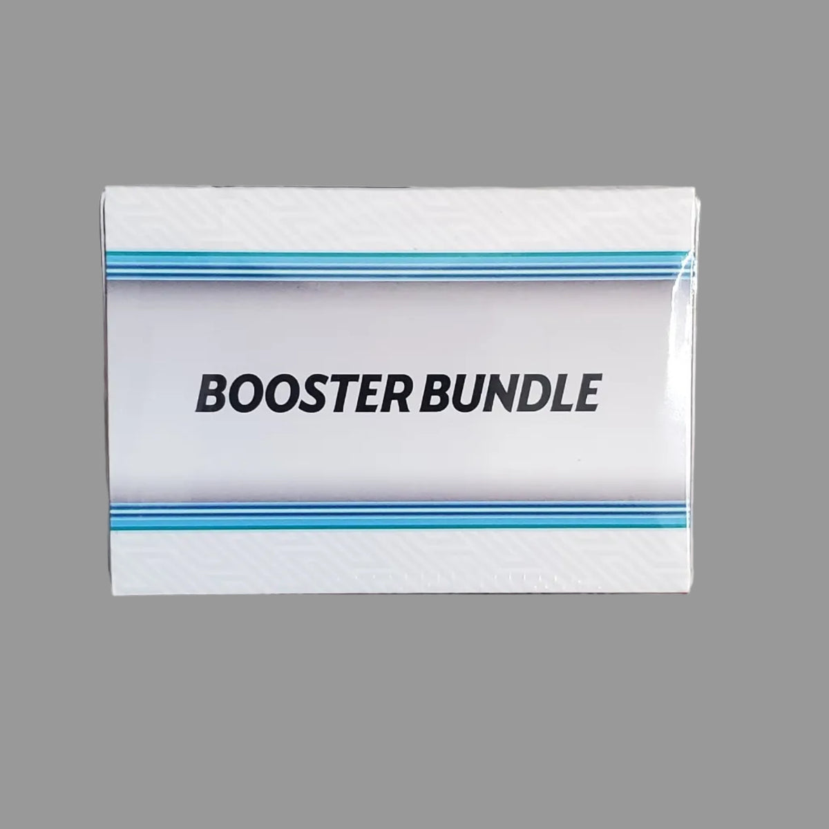 A white rectangular box labeled 'BOOSTER BUNDLE' with thin blue stripes on a light gray surface.