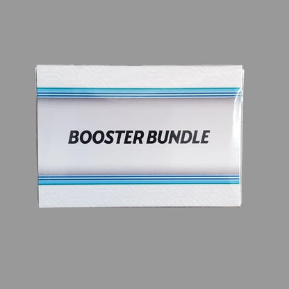 A white rectangular box labeled 'BOOSTER BUNDLE' with thin blue stripes on a light gray surface.