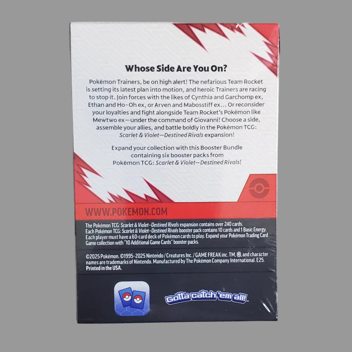 The back of a Pokémon TCG card box, featuring the card name 'Whose Side Are You On?' in white text on a red and black background, photographed on a neutral gray surface.
