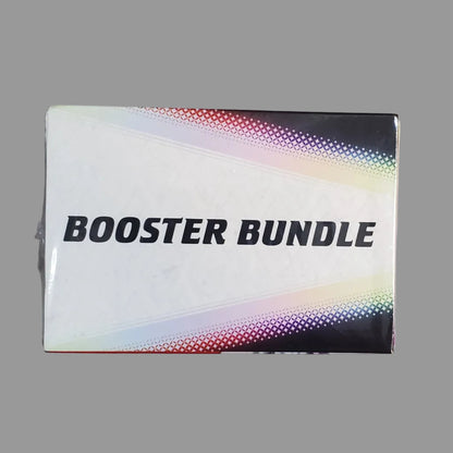 A small rectangular box labeled 'BOOSTER BUNDLE' in black text, photographed on a light gray surface. The box is mostly white with a black band and iridescent rainbow-like stripes near the top and bottom.
