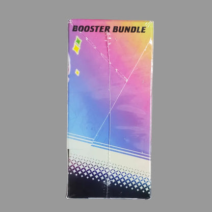 A shrink-wrapped booster bundle box with a colorful gradient cover reading 'BOOSTER BUNDLE' at the top, photographed standing upright against a plain light gray background.