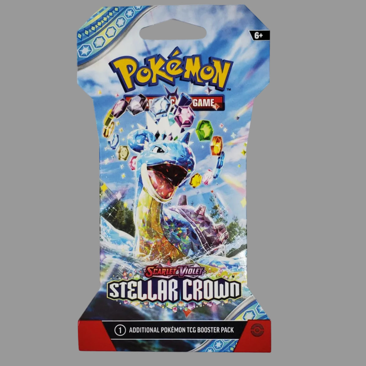 A Pokémon Game card booster pack for the Stellar Crow collection, displayed on a white surface 