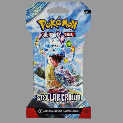 A Pokémon Game card booster pack for the Stellar Crow collection, displayed on a white surface 