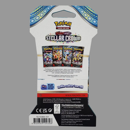 A packaged deck of cards for Pokémon TCG Stellar Crown, shown from the back on a white surface 