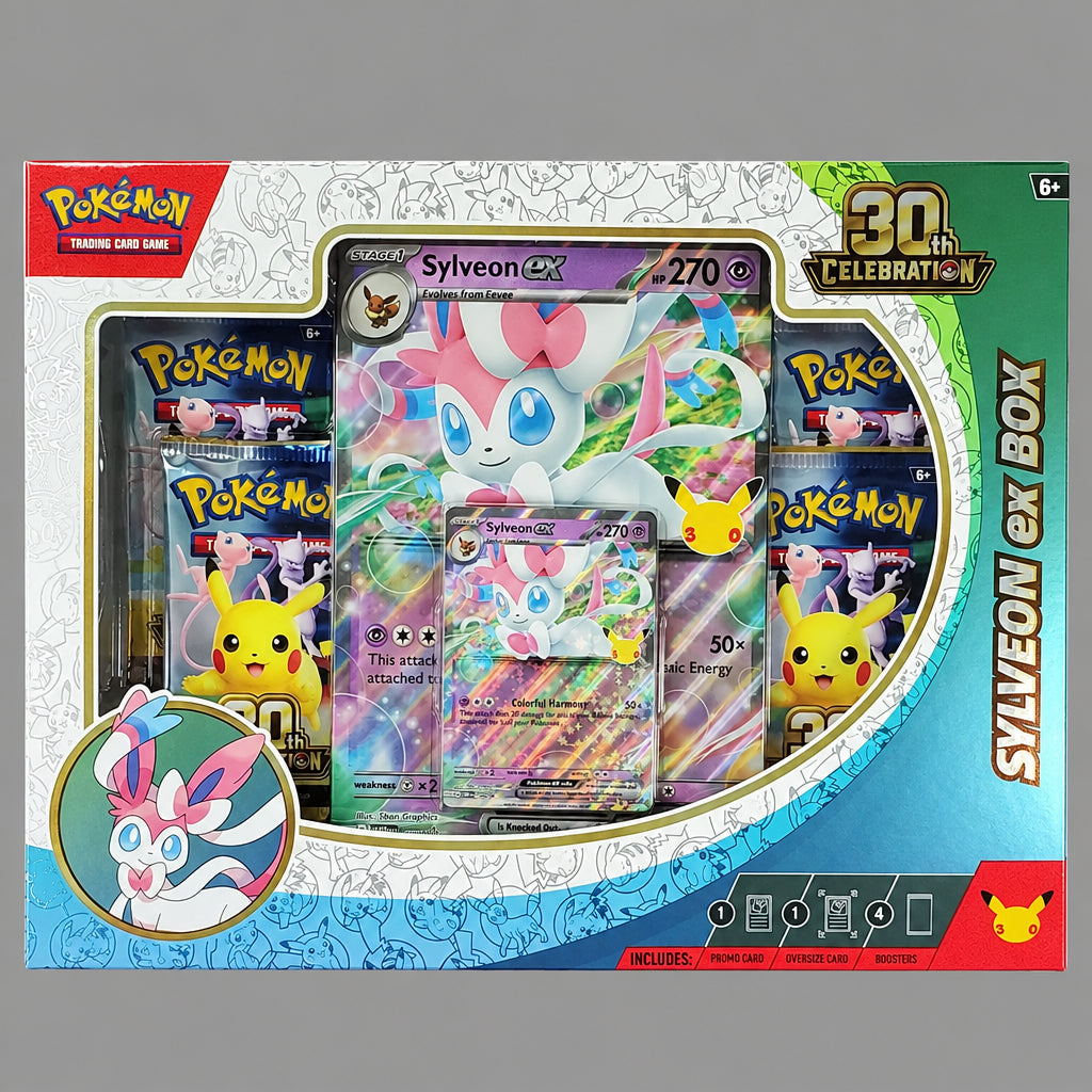 Pokémon Sylveon EX Box set containing a Sylveon EX card, two Pokémon booster packs, and a Pokémon TCG card pack, presented in its original illustrated window box packaging.