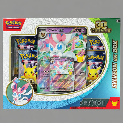 Pokémon Sylveon EX Box set containing a Sylveon EX card, two Pokémon booster packs, and a Pokémon TCG card pack, presented in its original illustrated window box packaging.