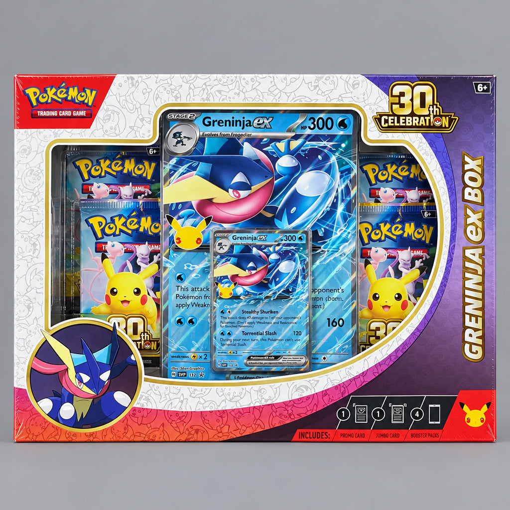 Front of Pokémon TCG 30th Celebration Greninja ex Box showing four booster packs, a Greninja ex promo card and oversized card on a gray background