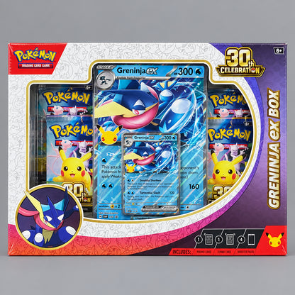 Front of Pokémon TCG 30th Celebration Greninja ex Box showing four booster packs, a Greninja ex promo card and oversized card on a gray background