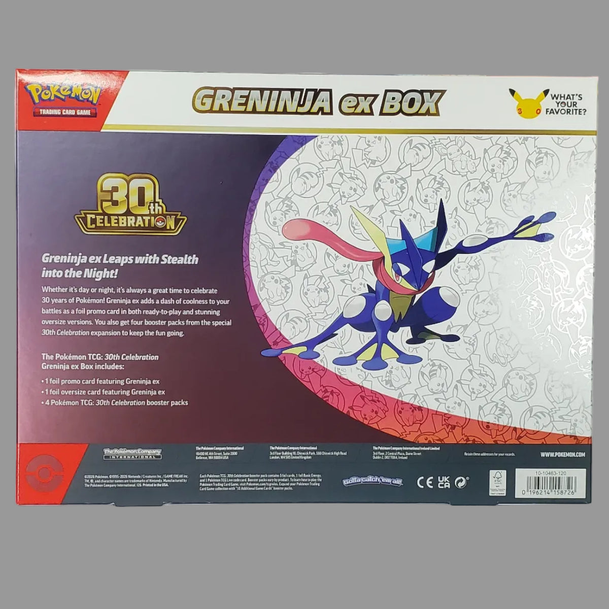 Back of Pokémon TCG 30th Celebration Greninja ex Box showing four booster packs, a Greninja ex promo card and oversized card.