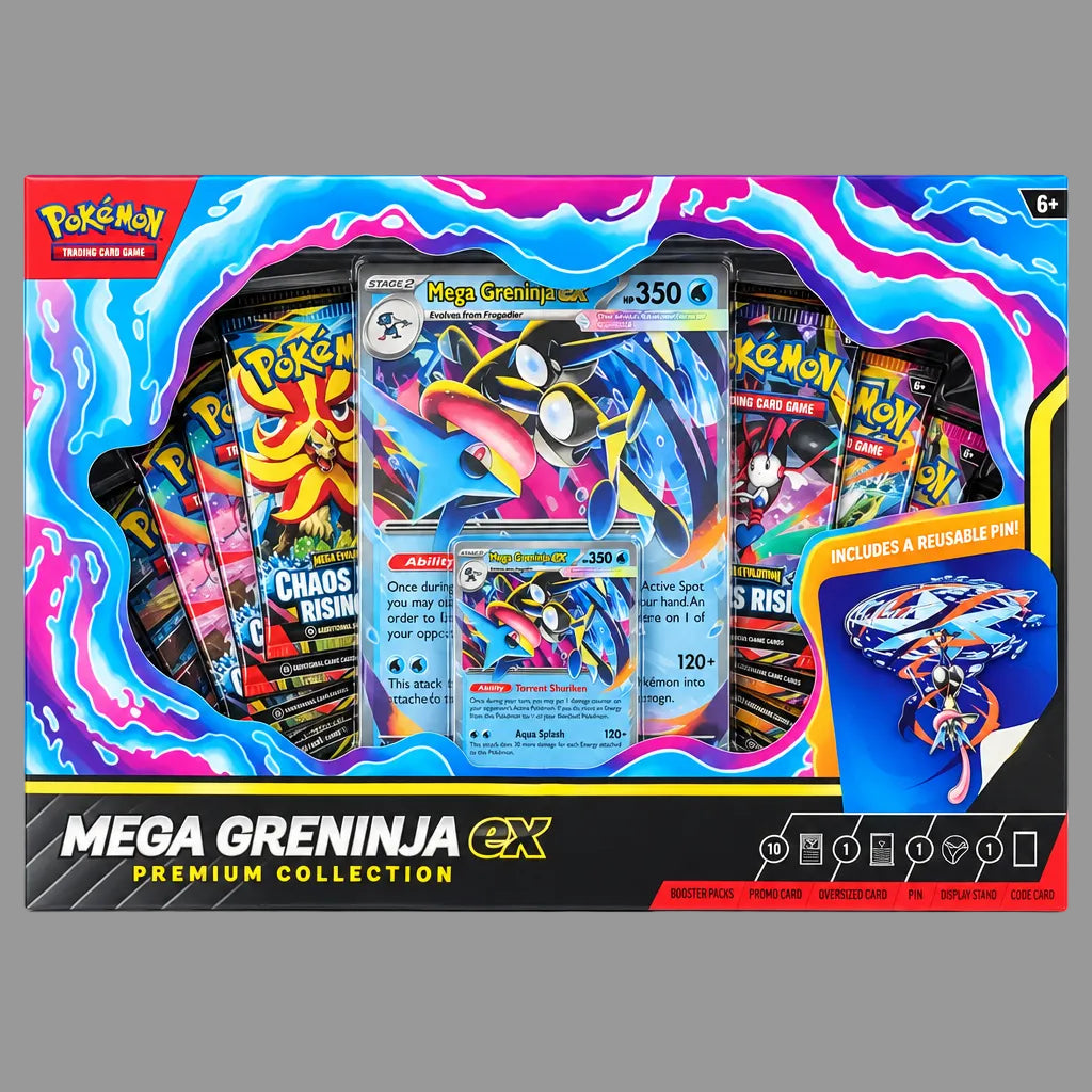 Front of Pokémon TCG Mega Greninja ex Premium Collection box showing booster packs, a promo card, oversized card and pin.