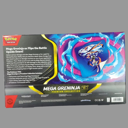 Back of Pokémon TCG Mega Greninja ex Premium Collection box showing booster packs, a promo card, oversized card and pin.