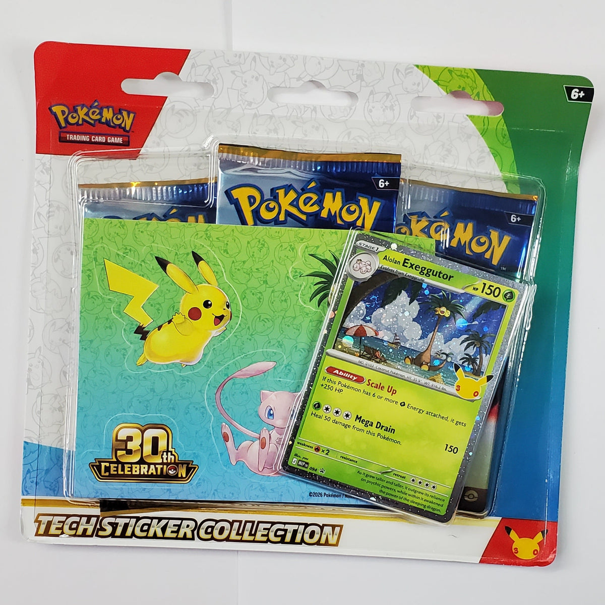 Aolan Exeggutor 30th Celebration tech sticker collection featureing three booster packs, in a blister pack. Yellow, green, blue, and red are the brillant colors. 