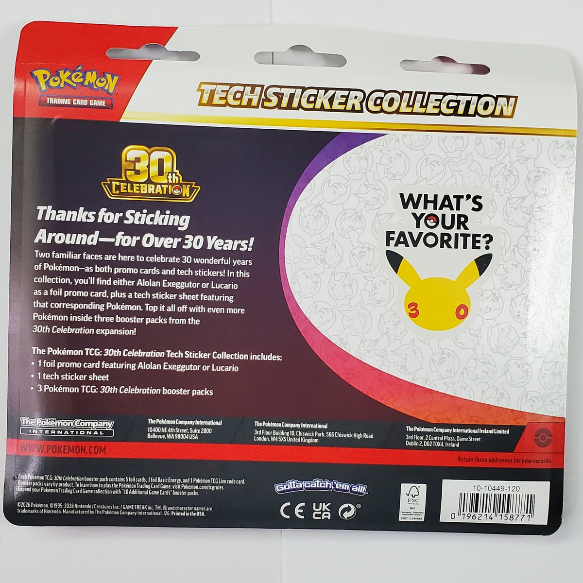 Tech sticker collection of the 30th Celebration of Pokemon with Pikachu yellow symbol on the back with the caption "Thanks for Sticking Around - for Over 30 Years! including a upc and factory sealed on a white background.