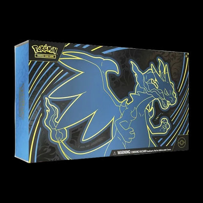 Pokémon Trading Card Game booster box featuring Charizard artwork in blue and yellow on a black background, shown at a three-quarter angle on a white studio background.