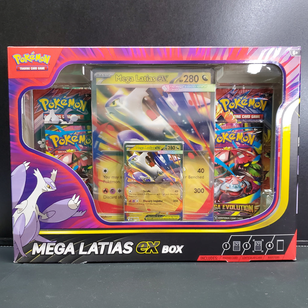 Pokémon Mega Latias ex Box packaging with cards and artwork on a dark background