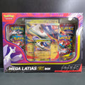 Pokémon Mega Latias ex Box packaging with cards and artwork on a dark background