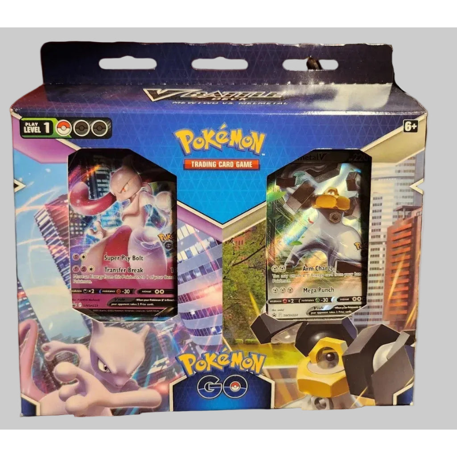 Pokémon Trading Card Game Volo Tower set box on a neutral gray background, showing two sample cards and the Volo Tower illustration on the front and featuring Mewtwo and Melmetal. 