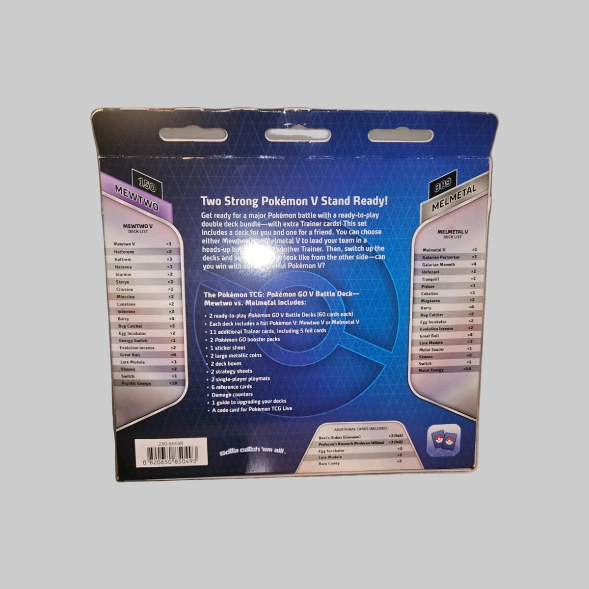 The back of a Pokémon TCG product box, likely for a Pokémon V set, photographed against a neutral gray background. The packaging features a blue and black design with white text detailing the contents and rules of the set.