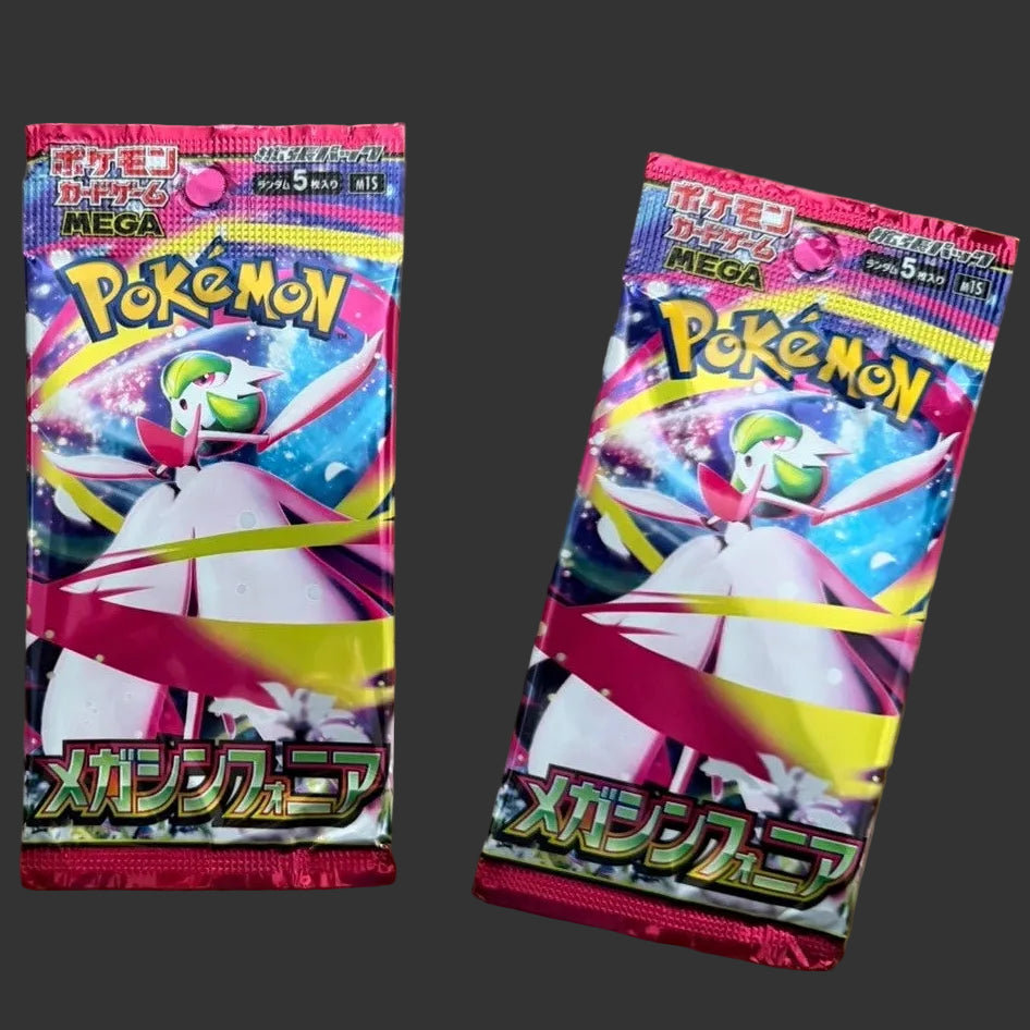 Two packs of Pokémon Mega Arceus booster packs arranged side by side on a dark surface.