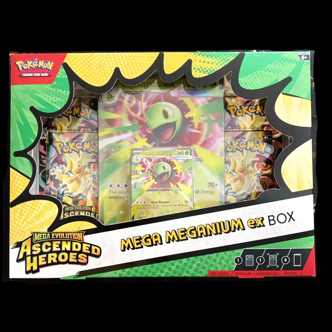 Pokémon Mega Meganium ex Box set containing a Mega Evolving Ascended Heroes booster pack, promo card, and 4  booster packs