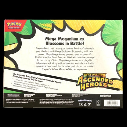 Back of a Pokémon TCG Mega Meganium ex box package, showing product description, packaging info, and artwork 