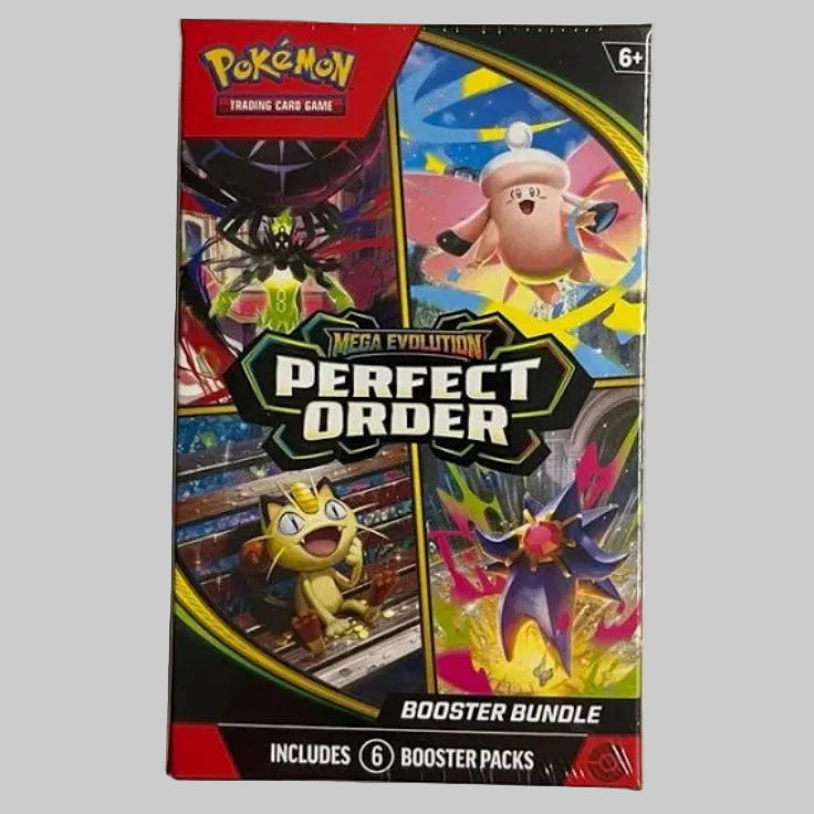 A sealed Pokémon TCG booster bundle box labeled 'Perfect Order' and 'Master Evolution' sits on a light beige textured surface. The box features colorful character artwork and branding for the Pokémon Trading Card Game.