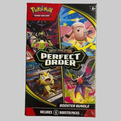 A sealed Pokémon TCG booster bundle box labeled 'Perfect Order' and 'Master Evolution' sits on a light beige textured surface. The box features colorful character artwork and branding for the Pokémon Trading Card Game.