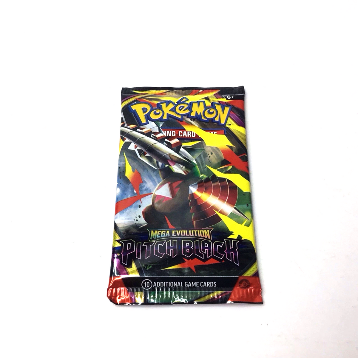 A sealed Pokémon Mega Evolution Pitch Black card booster pack, featuring artwork of a dark metallic dragon-like creature on a black background with red, yellow, and blue graphic accents.