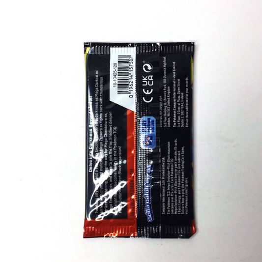 The back of a small rectangular product packaging sleeve, showing a barcode, regulatory text, and a red and black design, photographed on a plain white surface.
