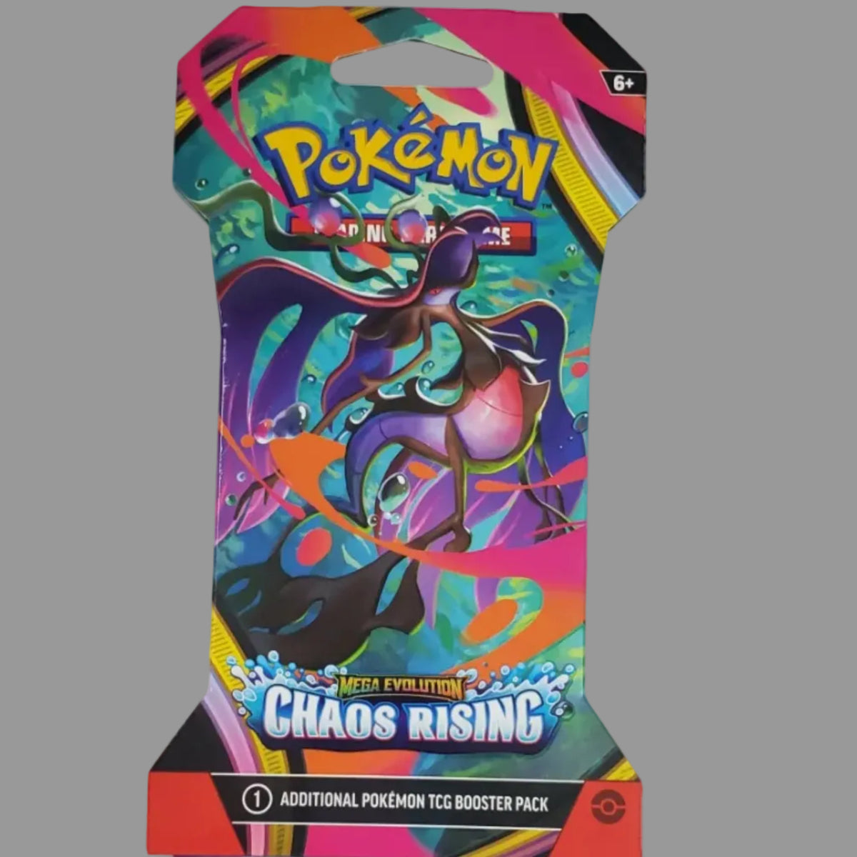 Pokémon TCG booster pack packaging for the Chaos Rising expansion, featuring a colorful illustrated card back with a Tigris form and a separate thank-you card below on a white background.