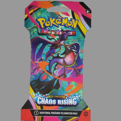 Pokémon TCG booster pack packaging for the Chaos Rising expansion, featuring a colorful illustrated card back with a Tigris form and a separate thank-you card below on a white background.