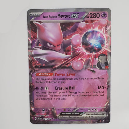 A Pokémon trading card featuring Samuro Meritus EX, displayed on a white surface with a white arch background.