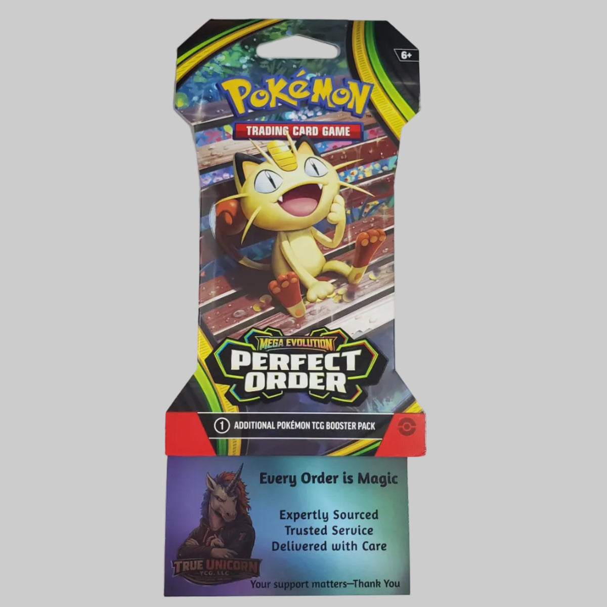 Pokémon Trading Card Game Perfect Order promotional card package on a light gray background. The package features Ticta artwork and includes a lower insert card with the text 'Every Order Is Magic' and a Pokémon logo at the top.