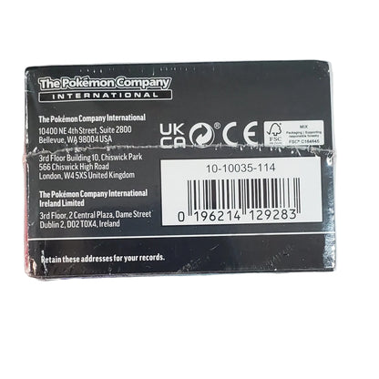 The back of a The Pokémon Company International product box in black, placed above a blue and purple thank-you card on a plain white background.