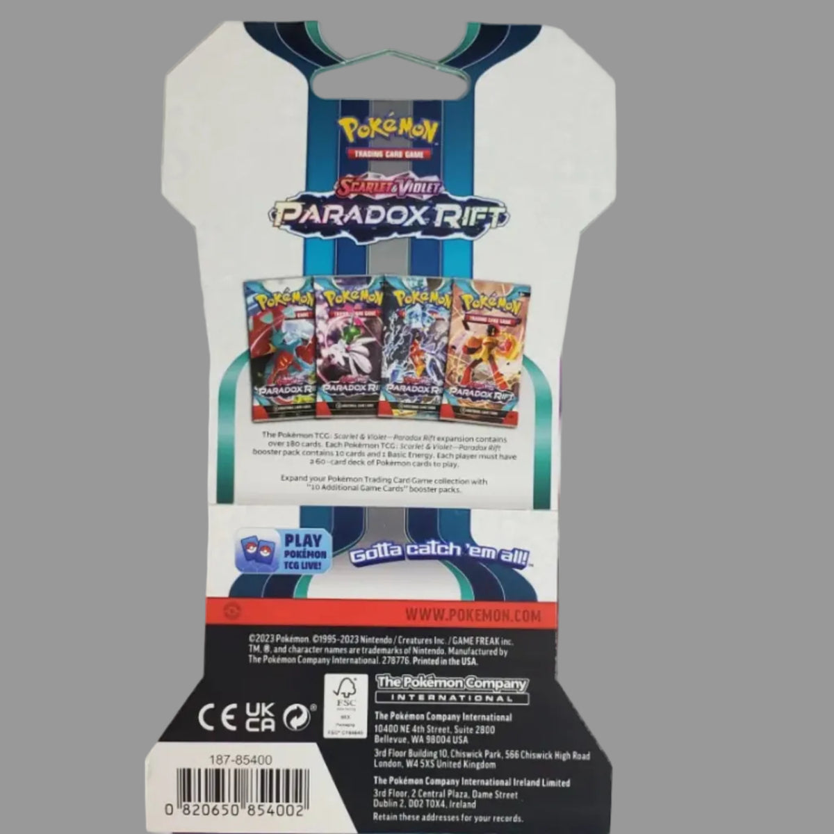 Back of a Pokémon TCG card pack box for 'Paradox Rift' with product information, barcode, and a True Unicorn delivery card below on a white background.