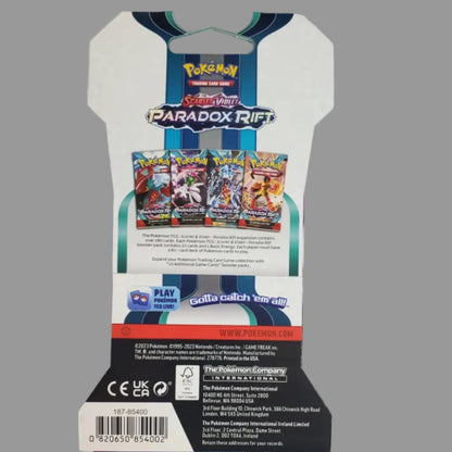Back of a Pokémon TCG card pack box for 'Paradox Rift' with product information, barcode, and a True Unicorn delivery card below on a white background.